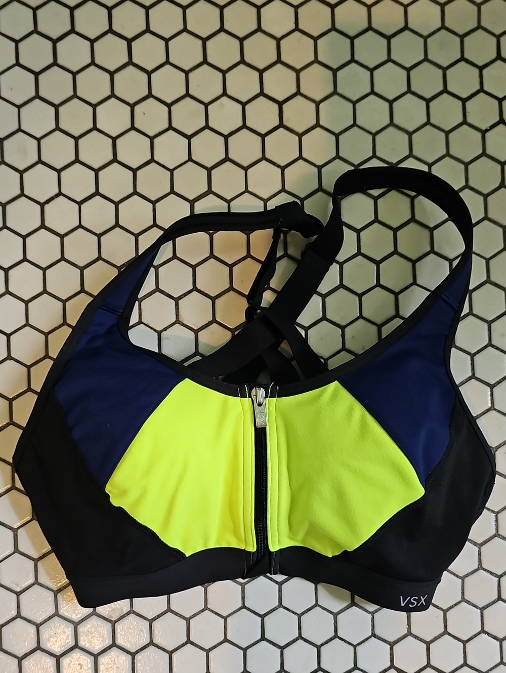 Victoria's Secret Neon Yellow, Navy & Black Front-Zip Sport Bra